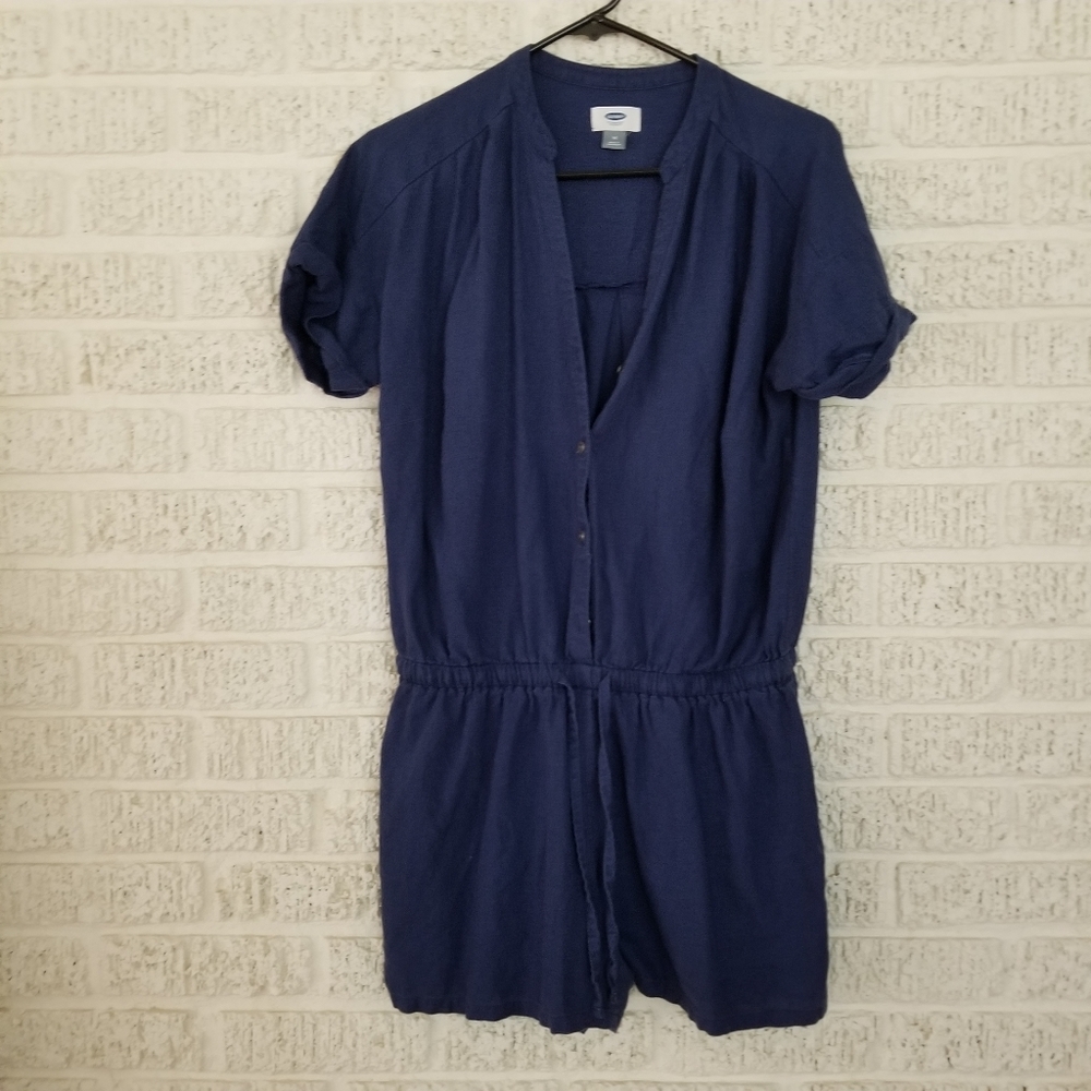 Old Navy Blue Linen Button Front Drawstring Romper - image 2